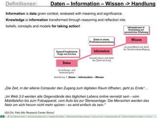 © Dr. Michael Klein | michael.klein@inm.de | +49(0)69 25754002 | INM-Institut für Neue Medien | www.inm.de | Schmickstraße 18 | 60314 Frankfurt am Main | 13 || 14
Definitionen: Daten – Information – Wissen -> Handlung
Information is data given context, endowed with meaning and significance.
Knowledge is information transformed through reasoning and reflection into
beliefs, concepts and models for taking action!
„Die Zeit, in der alleine Computer den Zugang zum digitalen Raum öffneten, geht zu Ende“…
„Im Web 3.0 werden alle Gegenstände des täglichen Lebens online vernetzt sein - vom
Mobiltelefon bis zum Fotoapparat, vom Auto bis zur Stereoanlage. Die Menschen werden das
Netz um sich herum nicht mehr spüren - es wird einfach da sein."
(Ed Chi, Palo Alto Research Center Xerox)
 