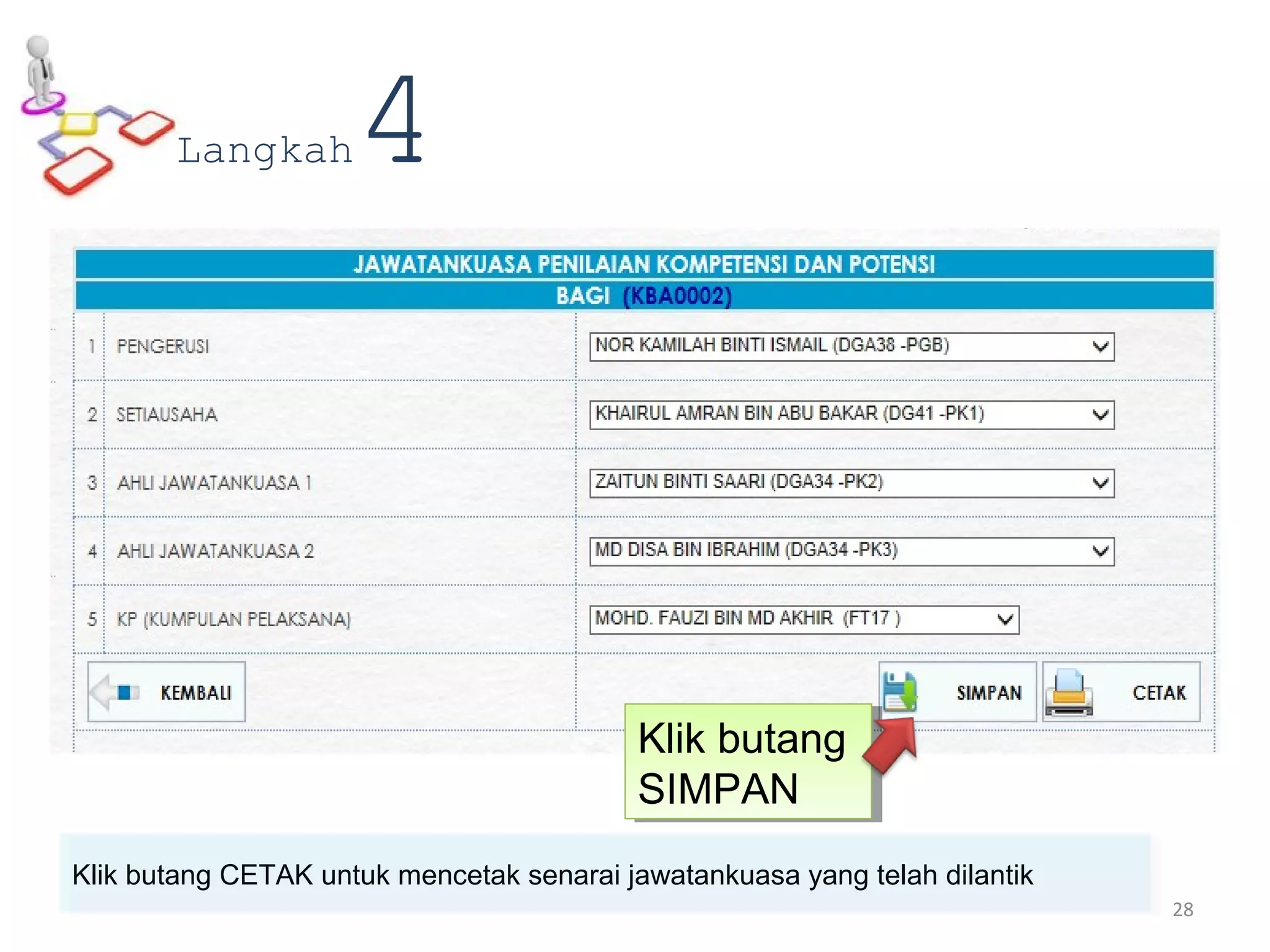 Klik butang CETAK untuk mencetak senarai jawatankuasa yang telah dilantik
Langkah4
Klik butang
SIMPAN
Klik butang
SIMPAN
28
 