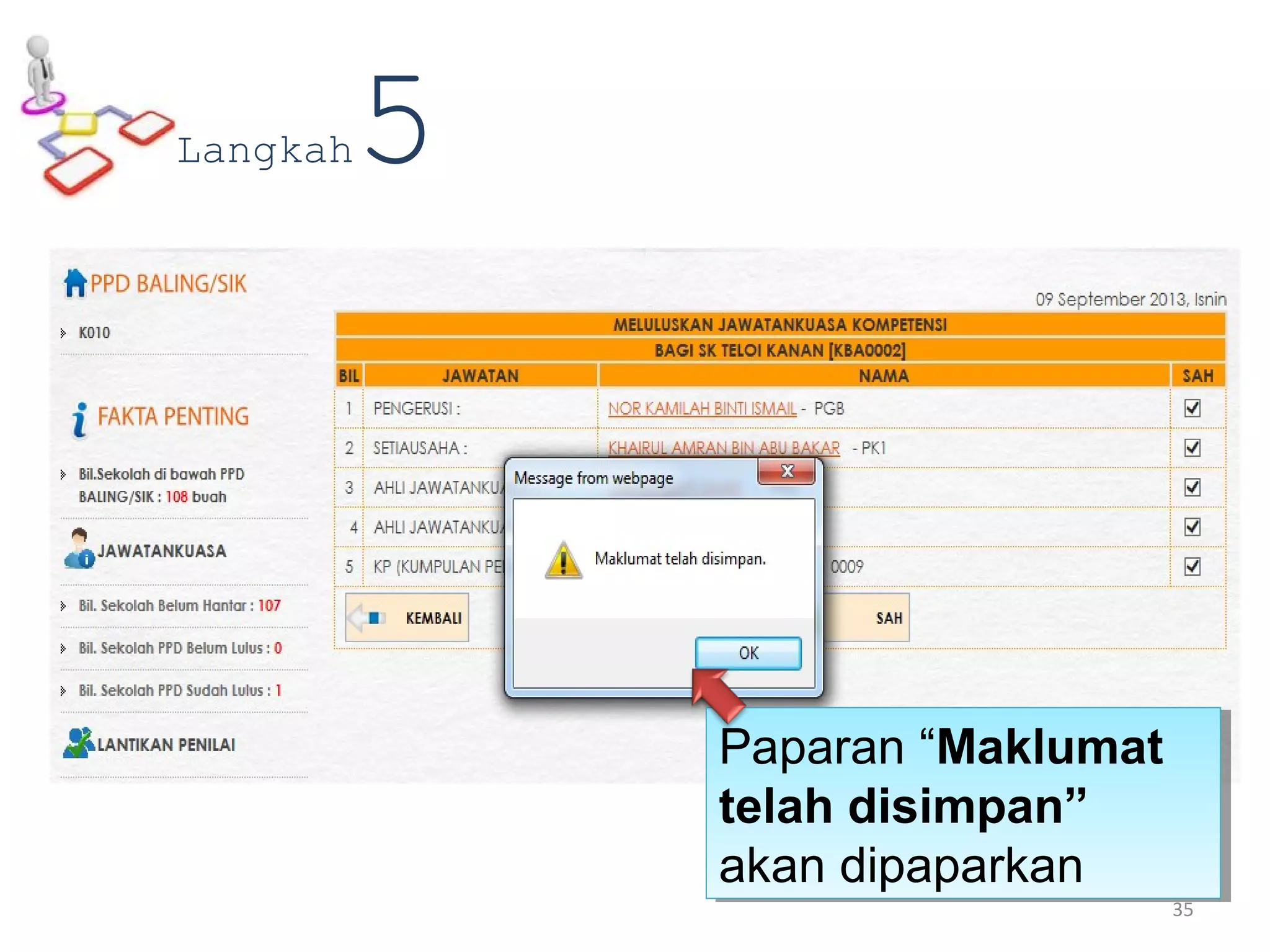 Paparan “Maklumat
telah disimpan”
akan dipaparkan
Paparan “Maklumat
telah disimpan”
akan dipaparkan
Langkah5
35
 