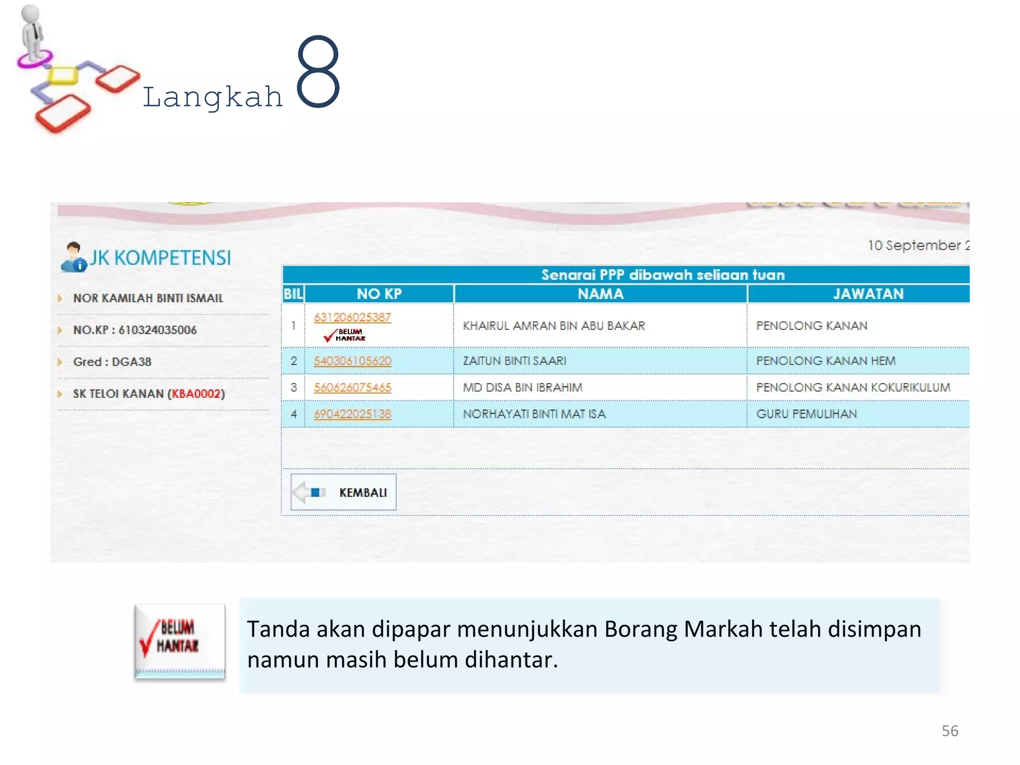 Tanda akan dipapar menunjukkan Borang Markah telah disimpan
namun masih belum dihantar.
Langkah8
56
 