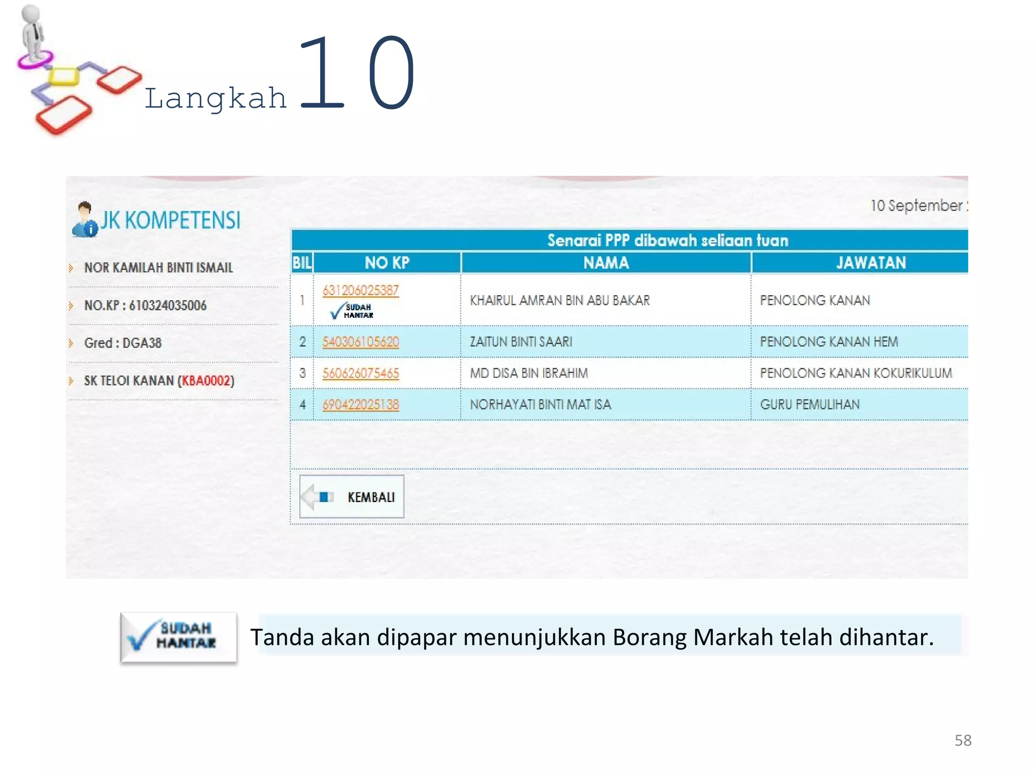Tanda akan dipapar menunjukkan Borang Markah telah dihantar.
Langkah10
58
 