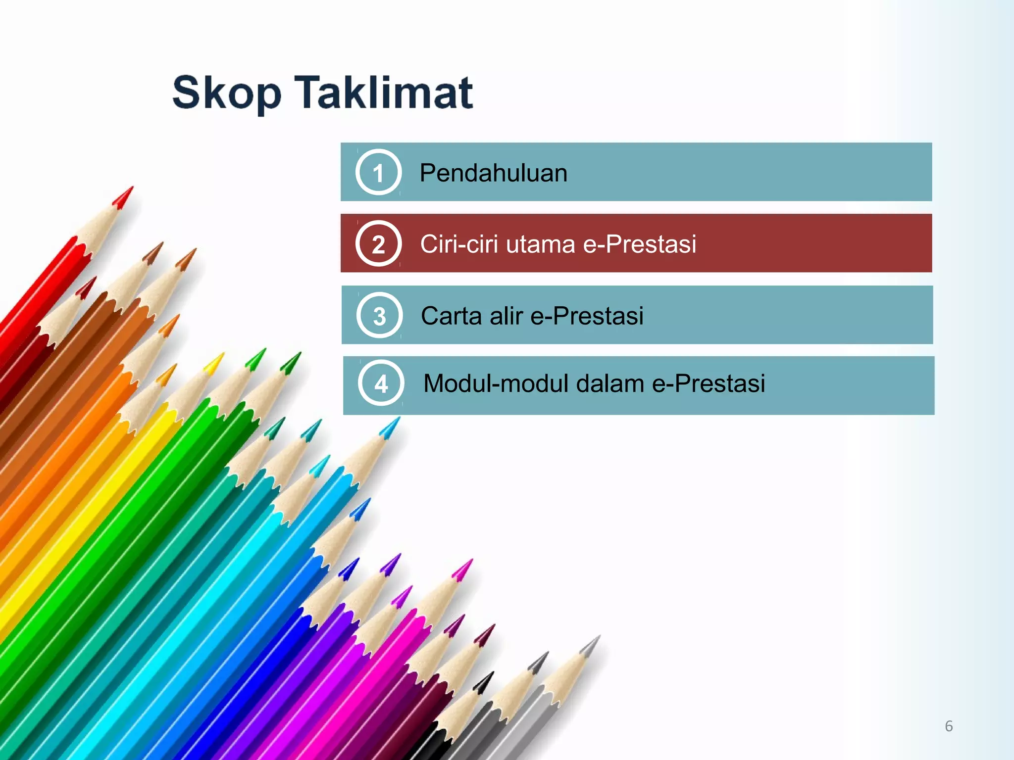 1 Pendahuluan
2 Ciri-ciri utama e-Prestasi
3 Carta alir e-Prestasi
4 Modul-modul dalam e-Prestasi
6
 
