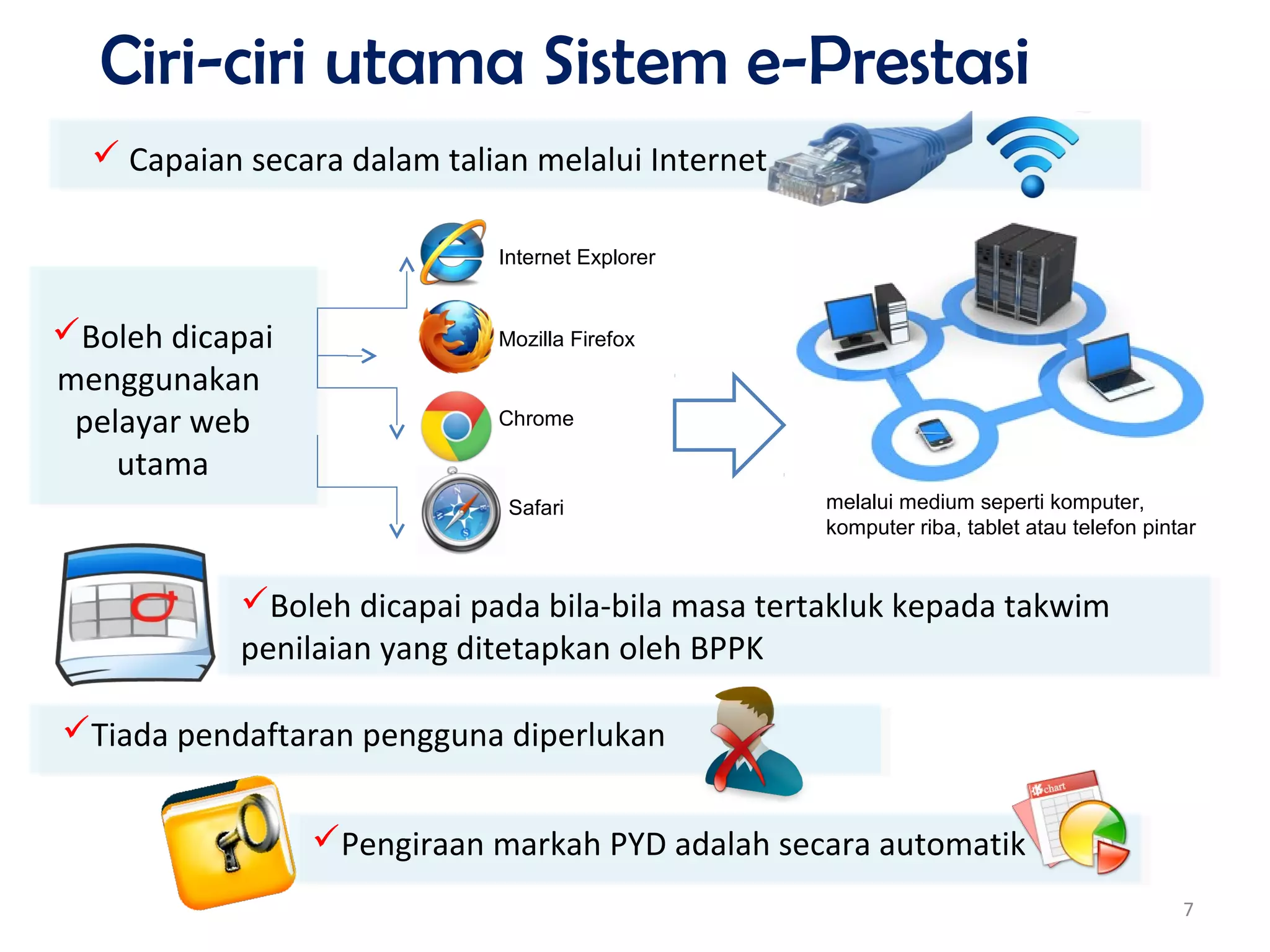 Ciri-ciri utama Sistem e-Prestasi
Internet Explorer
Mozilla Firefox
Chrome
Safari
Boleh dicapai
menggunakan
pelayar web
utama
melalui medium seperti komputer,
komputer riba, tablet atau telefon pintar
 Capaian secara dalam talian melalui Internet
Boleh dicapai pada bila-bila masa tertakluk kepada takwim
penilaian yang ditetapkan oleh BPPK
Tiada pendaftaran pengguna diperlukan
Pengiraan markah PYD adalah secara automatik
7
 