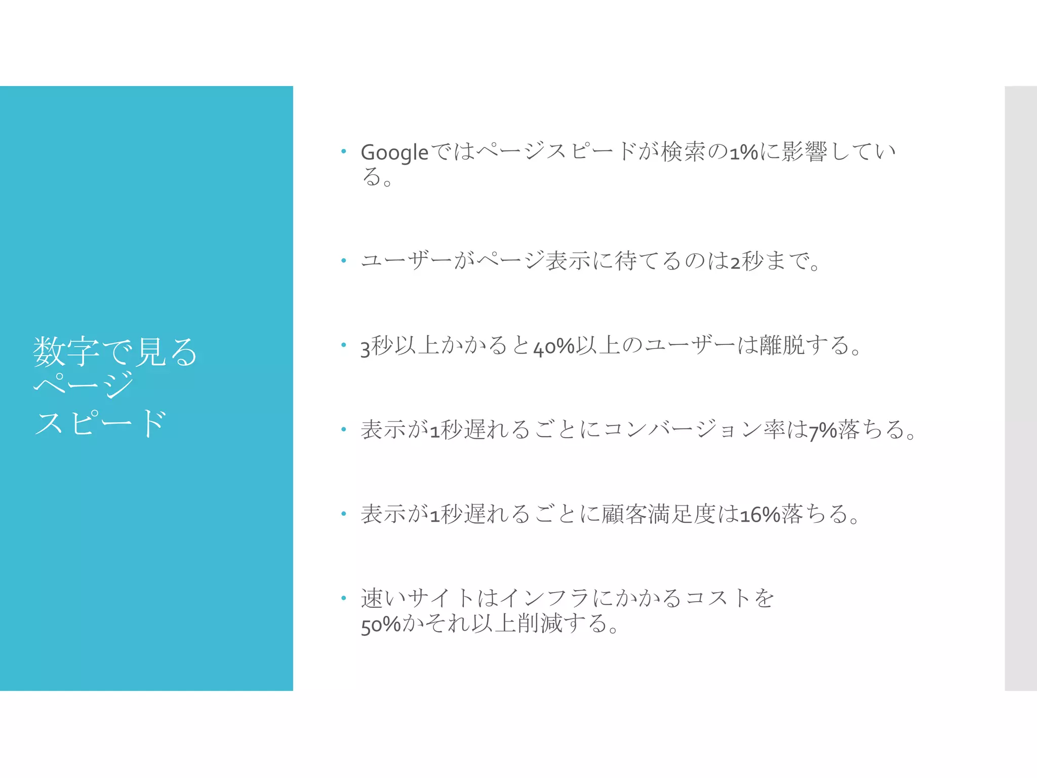 数字で見る
ページ
スピード
 Googleではページスピードが検索の1%に影響してい
る。
 ユーザーがページ表示に待てるのは2秒まで。
 3秒以上かかると40%以上のユーザーは離脱する。
 表示が1秒遅れるごとにコンバージョン率は7%落ちる。
 表示が1秒遅れるごとに顧客満足度は16%落ちる。
 速いサイトはインフラにかかるコストを
50%かそれ以上削減する。
 
