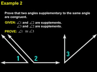 2.7Example 2
Prove that two angles supplementary to the same angle
are congruent.
GIVEN: 1 and 2 are supplements.
3 and 2 are supplements.
PROVE: 1 3
 