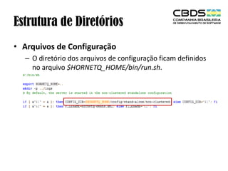 Estrutura de Diretórios
• Arquivos de Configuração
– O diretório dos arquivos de configuração ficam definidos
no arquivo $HORNETQ_HOME/bin/run.sh.

 