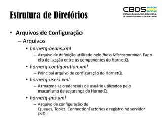 Estrutura de Diretórios
• Arquivos de Configuração
– Arquivos
• hornetq-beans.xml
– Arquivo de definição utilizado pelo Jboss Microcontainer. Faz o
elo de ligação entre os componentes do HornetQ.

• hornetq-configuration.xml
– Principal arquivo de configuração do HornetQ.

• hornetq-users.xml
– Armazena as credenciais de usuário utilizados pelo
macanismo de segurança do HornetQ.

• hornetq-jms.xml
– Arquivo de configuração de
Queues, Topics, ConnectionFactories e registro no servidor
JNDI

 