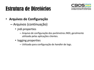 Estrutura de Diretórios
• Arquivos de Configuração
– Arquivos (continuação)
• jndi.properties
– Arquivo de configuração dos parâmetros JNDI, geralmente
utilizado pelas aplicações clientes.

• logging.properties
– Utilizado para configuração de handler de logs.

 
