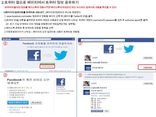 2.트위터 앱으로 페이지에서 트위터 정보 공유하기
트위터에 올려진 정보를 페이스북과 연동시키면 페이스북의 타임라인 또는 뉴스피드 업데이트 내용을 확인할 수 있다.
1)페이지의 업데이트를 트위터로 내보내기 : [페이지관리]메뉴의 하나로 제공된다.
① www.facebook.com/twitter 접속하여 연동할 페이지 선택 후 [페이지를 Twitter에 연결] 클릭
②[트위터 연결] 버튼을 클릭하면 트위터 계정의 사용승인 요청 화면이 나타남. 트위터 계정의 username과 password를 입력 후 authorize app버튼 클릭!
(단, 초기 가입 단계에서 이미 계정을 연동했다면 계정입력단계는 생략됨)
③페이스북 콘텐츠 중 트위터로 연동할 항목을 선택
④저장완료메시지가 나타남 – 페이지의 신규 업데이트 내용이 트위터로 연동됨

①

①

②

③

 