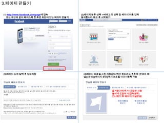 3.페이지 만들기
(1) http://www.facebook.com/page에 접속
또는 하단과 같이 페이스북 첫 화면 하단에 있는 페이지 만들기

(3)페이지 소개 입력 후 정보저장

(2)페이지 분류 선택 ->카테고리 선택 및 페이지 이름 입력
동의합니다 체크 후 시작하기

(4)페이지 프로필 사진 저장(건너뛰기 하더라도 추후에 [관리자 패
널]-[관리]-[페이지 관리]에서 프로필 이미지등록 가능

즐겨찾기에 추가-더 많은 사람
들에게 도달하기(캡쳐생략)
건너뛰기 후 페이지 개설완료!

 