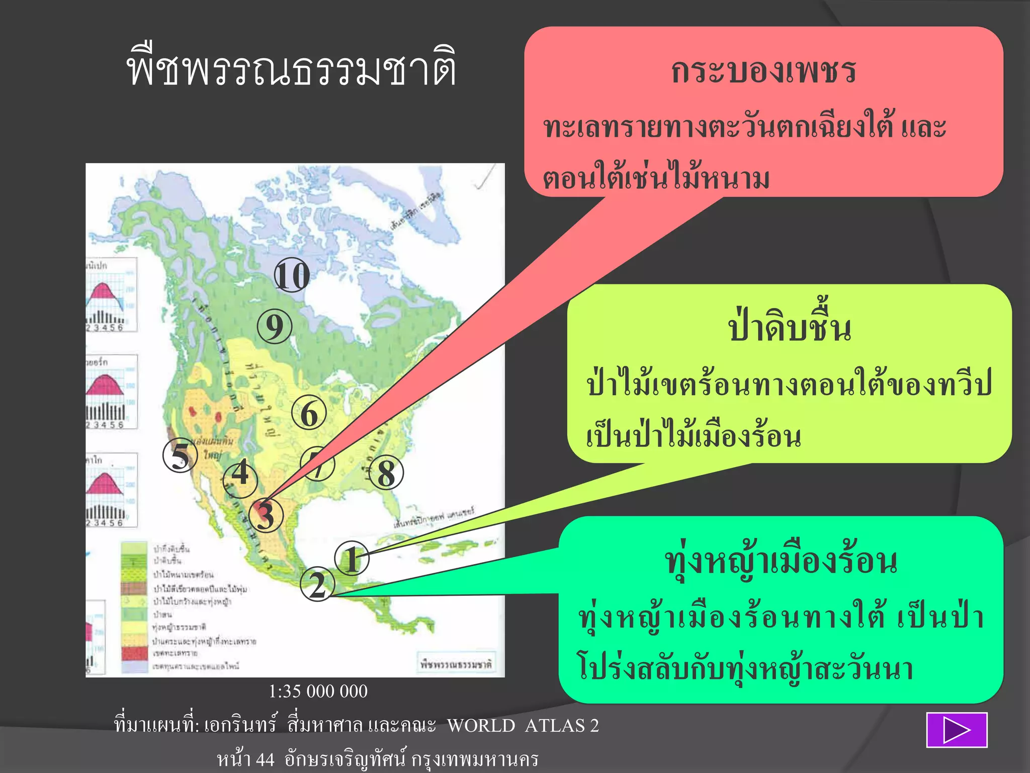 พืชพรรณธรรมชาติ

กระบองเพชร
ทะเลทรายทางตะวันตกเฉียงใต้ และ
ตอนใต้เช่นไม้หนาม

10
9

6
5 4 7 8
3
1
2

ป่าดิบชื้น
ป่าไม้เขตร้อนทางตอนใต้ของทวีป
เป็นป่าไม้เมืองร้อน

ทุ่งหญ้าเมืองร้อน
ทุ่ ง หญ้ า เมื อ งร้ อ นทางใต้ เป็ น ป่ า
โปร่งสลับกับทุ่งหญ้าสะวันนา

1:35 000 000
ที่มาแผนที:่ เอกรินทร์ สี่มหาศาล และคณะ WORLD ATLAS 2
หน้า 44 อักษรเจริญทัศน์ กรุงเทพมหานคร

 