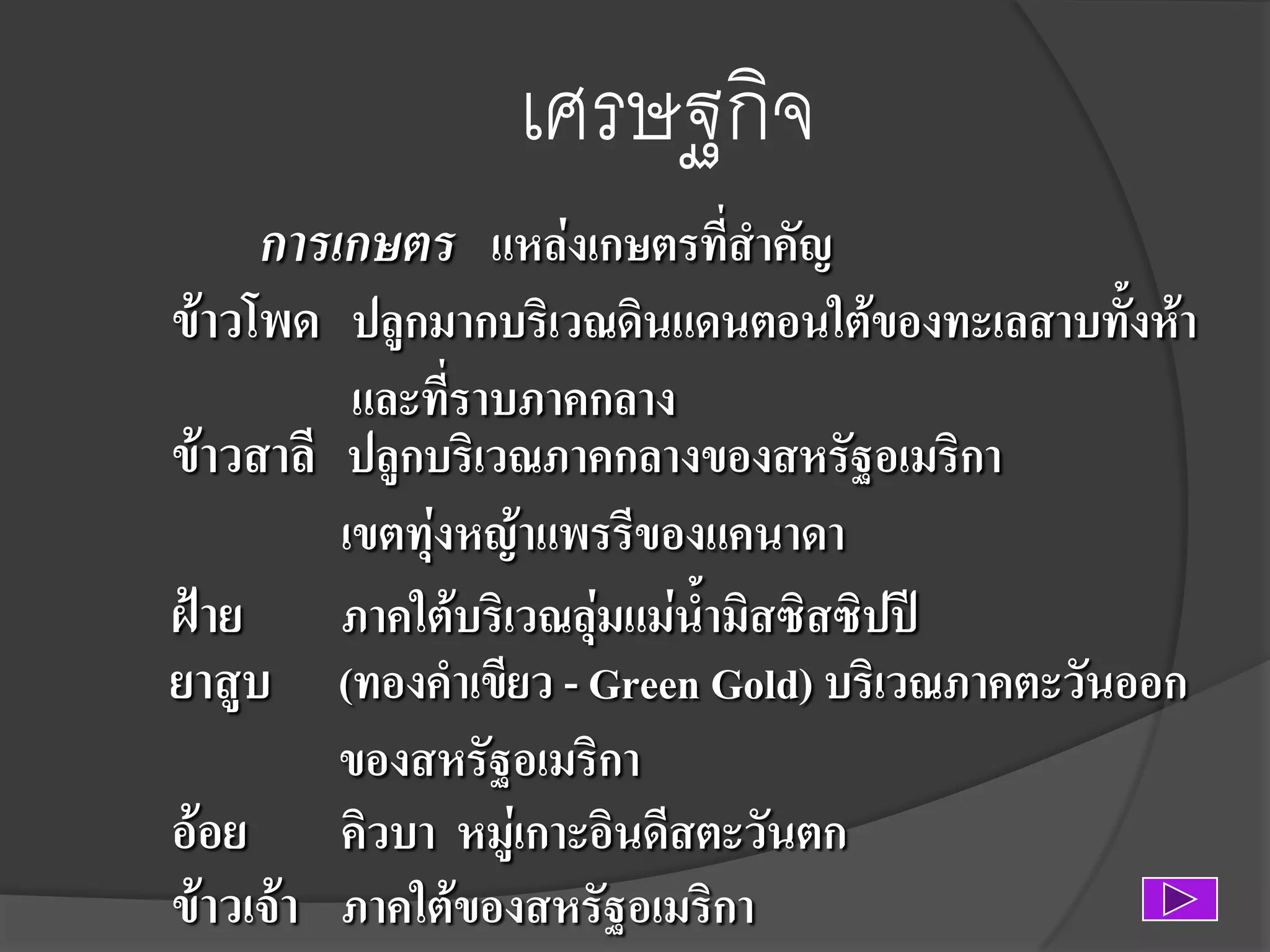 เศรษฐกิจ
การเกษตร แหล่งเกษตรที่สาคัญ
ข้าวโพด ปลูกมากบริเวณดินแดนตอนใต้ของทะเลสาบทั้งห้า
และที่ราบภาคกลาง
ข้าวสาลี ปลูกบริเวณภาคกลางของสหรัฐอเมริกา
เขตทุ่งหญ้าแพรรีของแคนาดา
ฝ้าย ภาคใต้บริเวณลุ่มแม่น้ามิสซิสซิปปี
ยาสูบ (ทองคาเขียว - Green Gold) บริเวณภาคตะวันออก
ของสหรัฐอเมริกา
อ้อย คิวบา หมู่เกาะอินดีสตะวันตก
ข้าวเจ้า ภาคใต้ของสหรัฐอเมริกา

 
