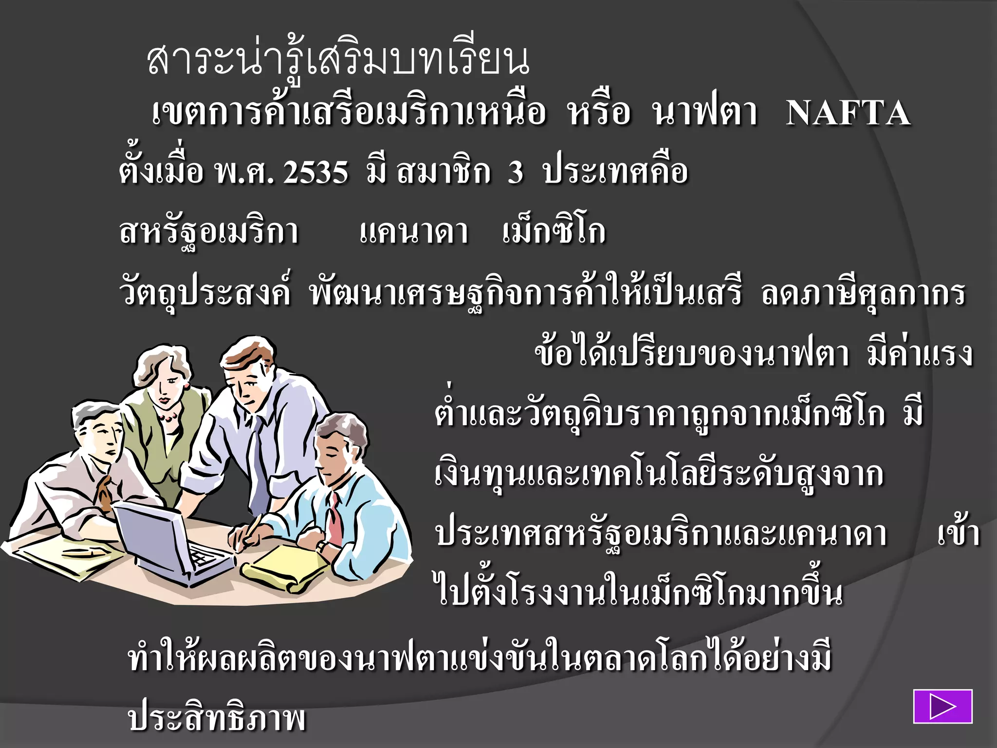 สาระน่ารู้เสริมบทเรียน

เขตการค้าเสรีอเมริกาเหนือ หรือ นาฟตา NAFTA

ตั้งเมื่อ พ.ศ. 2535 มี สมาชิก 3 ประเทศคือ
สหรัฐอเมริกา แคนาดา เม็กซิโก
วัตถุประสงค์ พัฒนาเศรษฐกิจการค้าให้เป็นเสรี ลดภาษีศุลกากร
ข้อได้เปรียบของนาฟตา มีค่าแรง
ต่าและวัตถุดิบราคาถูกจากเม็กซิโก มี
เงินทุนและเทคโนโลยีระดับสูงจาก
ประเทศสหรัฐอเมริกาและแคนาดา เข้า
ไปตั้งโรงงานในเม็กซิโกมากขึ้น
ทาให้ผลผลิตของนาฟตาแข่งขันในตลาดโลกได้อย่างมี
ประสิทธิภาพ

 