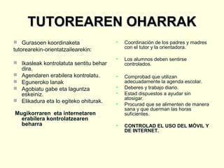 TUTOREAREN OHARRAK
 Gurasoen koordinaketa

•

Coordinación de los padres y madres
con el tutor y la orientadora.

•

Los alumnos deben sentirse
controlados.

•

Comprobad que utilizan
adecuadamente la agenda escolar.
Deberes y trabajo diario.
Estad dispuestos a ayudar sin
atosigar.
Procurad que se alimenten de manera
sana y que duerman las horas
suficientes.

tutorearekin-orientatzailearekin:
 Ikasleak kontrolatuta sentitu behar





dira.
Agendaren erabilera kontrolatu.
Eguneroko lanak
Agobiatu gabe eta laguntza
eskeiniz.
Elikadura eta lo egiteko ohiturak.

Mugikorraren eta internetaren
erabilera kontrolatzearen
beharra

•
•
•

•

CONTROLAD EL USO DEL MÓVIL Y
DE INTERNET.

 