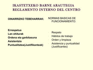 IKASTETXEKO BARNE ARAUTEGIA
REGLAMENTO INTERNO DEL CENTRO
OINARRIZKO TEBEHARRAK:

Errespetua
Lan ohiturak
Ordena eta garbitasuna
Asistentzia
Puntualitatea(Justifikanteak)

NORMAS BASICAS DE
FUNCIONAMIENTO:

-

Respeto
Hábitos de trabajo
Orden y limpieza
Asistencia y puntualidad
(Justificantes)

 