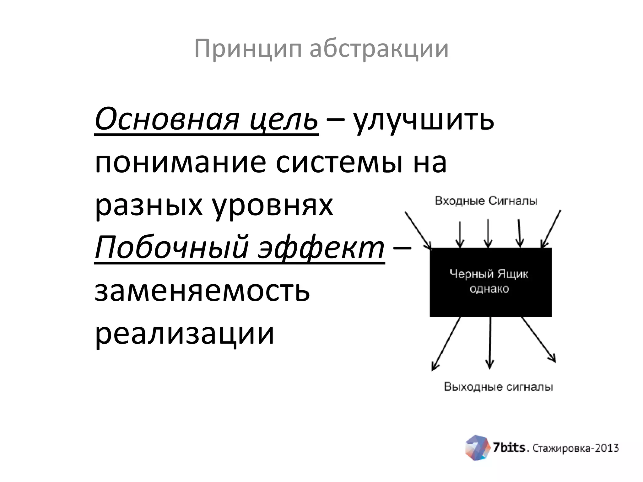 Принцип абстракции

Основная цель – улучшить
понимание системы на
разных уровнях
Побочный эффект –
заменяемость
реализации

 