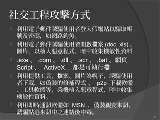 罻̹ʽ
]T_ʹߵپWվ_ȡ
̖ܴaW·~
? ]T_ʹ_n (doc, xls) 
DƬֲ됺ʽռCY
?

?

.exe  .com  .dll  .scr  .bat W
Script  ActiveX ǿɈЙn

ṩߡnDƬӣT_ʹ
dbaʽ  p2p dܛw
ܛwȣ˙Cֲ됺ʽռ
CYϡ
? ürͨӍܛw MSN bHсӍ
T_cxӍ֮BYж
?

42

 