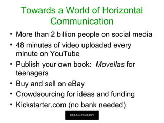 Towards a World of Horizontal
Communication
• More than 2 billion people on social media
• 48 minutes of video uploaded every
minute on YouTube
• Publish your own book: Movellas for
teenagers
• Buy and sell on eBay
• Crowdsourcing for ideas and funding
• Kickstarter.com (no bank needed)

 