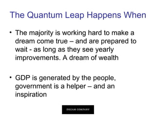 The Quantum Leap Happens When
• The majority is working hard to make a
dream come true – and are prepared to
wait - as long as they see yearly
improvements. A dream of wealth
• GDP is generated by the people,
government is a helper – and an
inspiration

 
