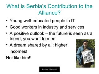 What is Serbia’s Contribution to the
Alliance?
• Young well-educated people in IT
• Good workers in industry and services
• A positive outlook – the future is seen as a
friend, you want to meet
• A dream shared by all: higher
incomes!
Not like him!!

 