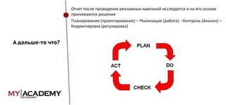 Отчет после проведения рекламных кампаний исследуется и на его основе
принимаются решения
Планирование (проектирование) – Реализация (работа) - Контроль (Анализ) –
Корректировка (регулировка)

А дальше-то что?

 