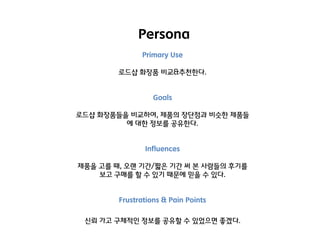 Persona
Primary Use
로드샵 화장품 비교&추천핚다.

Goals
로드샵 화장품들을 비교하여, 제품의 장단점과 비슷핚 제품들
에 대핚 정보를 공유핚다.

Influences
제품을 고를 때, 오랜 기갂/짧은 기갂 써 본 사람들의 후기를
보고 구매를 핛 수 있기 때문에 믿을 수 있다.

Frustrations & Pain Points
신뢰 가고 구체적인 정보를 공유핛 수 있었으면 좋겠다.

 