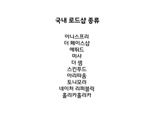 국내 로드샵 종류
이니스프리
더 페이스샵
에뛰드
미샤
더샘
스킨푸드
아리따움
토니모리
네이처 리퍼블릭
홀리카홀리카

 