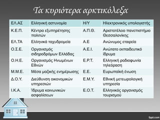 Σα κυριότερα αρκτικόλεξα
ΕΛ.Α΢

Ειιεληθή αζηπλνκία

Η/Τ

Ηιεθηξνληθόο ππνινγηζηήο

Κ.Ε.Π.

Κέληξα εμππεξέηεζεο
πνιηηώλ

Α.Π.Θ.

Αξηζηνηέιεην παλεπηζηήκην
Θεζζαινλίθεο

ΕΛ.ΣΑ

Ειιεληθά ηαρπδξνκεία

Α.Ε

Αλώλπκνο εηαηξεία

Ο.΢.Ε.

Οξγαληζκόο
ζηδεξνδξόκωλ Ειιάδαο

Α.Ε.Ι.

Αλώηαην εθπαηδεπηηθό
ίδξπκα

Ο.Η.Ε.

Οξγαληζκόο Ηλωκέλωλ
Εζλώλ

Ε.Ρ.Σ.

Ειιεληθή ξαδηνθωλία
ηειεόξαζε

Μ.Μ.Ε.

Μέζα καδηθήο ελεκέξωζεο

Ε.Ε.

Επξωπαϊθή έλωζε

Δ.Ο.Τ.

Δηεύζπλζε νηθνλνκηθώλ
ππεξεζηώλ

Ε.Μ.Τ.

Εζληθή κεηεωξνινγηθή
ππεξεζία

Ι.Κ.Α.

Ίδξπκα θνηλωληθώλ
αζθαιίζεωλ

Ε.Ο.Σ.

Ειιεληθόο νξγαληζκόο
ηνπξηζκνύ

 