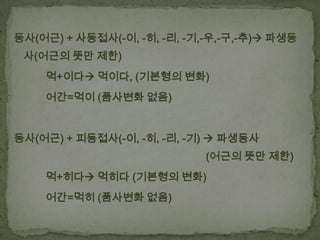 동사(어근) + 사동접사(-이, -히, -리, -기,-우,-구,-추) 파생동
사(어근의 뜻만 제한)
먹+이다 먹이다, (기본형의 변화)
어간=먹이 (품사변화 없음)

동사(어근) + 피동접사(-이, -히, -리, -기)  파생동사
(어근의 뜻만 제한)
먹+히다 먹히다 (기본형의 변화)

어간=먹히 (품사변화 없음)

 