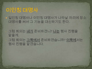  일인칭 대명사나 이인칭 대명사가 나타날 자리에 장소

대명사를 써서 그 기능을 대신하기도 한다.

- 그럼 회의는 네가 준비하겠니? 나는 행사 진행을

맡을게.
- 그럼 회의는 그쪽에서 준비하겠습니까? 이쪽에서는
행사 진행을 맡겠습니다.

 