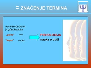  ZNAČENJE TERMINA

Reč PSIHOLOGIJA
je grčka kovanica
„psiho”

duh

”logos”

nauka

PSIHOLOGIJA
nauka o duši

 
