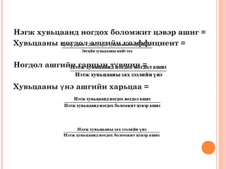 Нэгж хувьцаанд ногдох боломжит цэвэр ашиг =
Хувьцааны ногдол ашгийн коэффициент =
Ногдол ашгийн гарцын тү вшин =
Хувьцааны ү нэ ашгийн харьцаа =

 