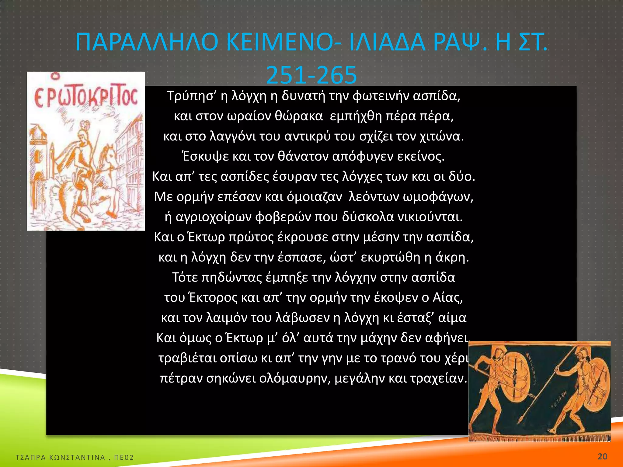 ΠΑΡΑΛΛΘΛΟ ΚΕΙΜΕΝΟ- ΙΛΙΑΔΑ ΡΑΨ. Θ ΢Σ.
251-265
Σρφπθς’ θ λόγχθ θ δυνατι τθν φωτεινιν αςπίδα,
και ςτον ωραίον κϊρακα εμπιχκθ πζρα πζρα,
και ςτο λαγγόνι του αντικρφ του ςχίηει τον χιτϊνα.
Ζςκυψε και τον κάνατον απόφυγεν εκείνοσ.
Και απ’ τεσ αςπίδεσ ζςυραν τεσ λόγχεσ των και οι δφο.
Με ορμιν επζςαν και όμοιαηαν λεόντων ωμοφάγων,
ι αγριοχοίρων φοβερϊν που δφςκολα νικιοφνται.
Και ο Ζκτωρ πρϊτοσ ζκρουςε ςτθν μζςθν τθν αςπίδα,
και θ λόγχθ δεν τθν ζςπαςε, ϊςτ’ εκυρτϊκθ θ άκρθ.
Σότε πθδϊντασ ζμπθξε τθν λόγχθν ςτθν αςπίδα
του Ζκτοροσ και απ’ τθν ορμιν τθν ζκοψεν ο Αίασ,
και τον λαιμόν του λάβωςεν θ λόγχθ κι ζςταξ’ αίμα
Και όμωσ ο Ζκτωρ μ’ όλ’ αυτά τθν μάχθν δεν αφινει.
τραβιζται οπίςω κι απ’ τθν γθν με το τρανό του χζρι
πζτραν ςθκϊνει ολόμαυρθν, μεγάλθν και τραχείαν.

Σ΢ΑΠΡΑ ΚΩΝ΢ΣΑΝΣΙΝΑ , ΠΕ02

20

 