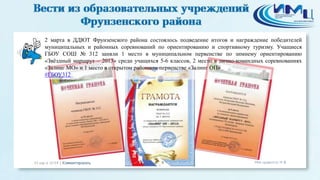 2 марта в ДДЮТ Фрунзенского района состоялось подведение итогов и награждение победителей
муниципальных и районных соревнований по ориентированию и спортивному туризму. Учащиеся
ГБОУ СОШ № 312 заняли 1 место в муниципальном первенстве по зимнему ориентированию
«Звёздный маршрут – 2013» среди учащихся 5-6 классов, 2 место в лично-командных соревнованиях
«Залинг МО» и 1 место в открытом районном первенстве «Залинг ОП»
#ГБОУ312
 