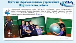 Администрация и воспитательная служба ГБОУ № 292 ПОЗДРАВЛЯЕТ семью АНДРИАНОВЫХ:
Алексея Александровича, Татьяну Анатольевну, Илью и Катю с победой в районных семейных
соревнованиях «ВЕСЕЛЫЕ СТАРТЫ», организованных СПб ГБУ "Центр Физической Культуры,
Спорта и Здоровья" Фрунзенского района. #ГБОУ292
 