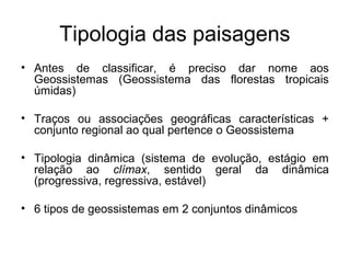 Tipologia das paisagens
• Antes de classificar, é preciso dar nome aos
Geossistemas (Geossistema das florestas tropicais
úmidas)
• Traços ou associações geográficas características +
conjunto regional ao qual pertence o Geossistema
• Tipologia dinâmica (sistema de evolução, estágio em
relação ao clímax, sentido geral da dinâmica
(progressiva, regressiva, estável)
• 6 tipos de geossistemas em 2 conjuntos dinâmicos

 