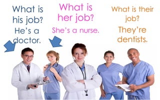 What is
his job?
He’s a
doctor.

What is
her job?
She’s a nurse.

What is their
job?

They’re
dentists.

 