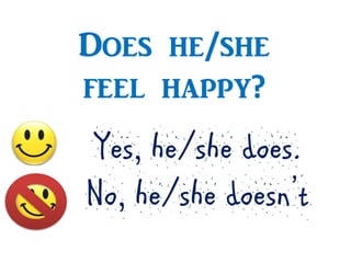 Does he/she
feel happy?

Yes, he/she does.
No, he/she doesn’t

 