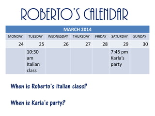 Roberto’s calendar
MARCH 2014
MONDAY

24

TUESDAY

25

WEDNESDAY

THURSDAY

26

27

10:30
am
Italian
class

When is Roberto’s italian class?

When is Karla’s party?

FRIDAY

28

SATURDAY

29
7:45 pm
Karla’s
party

SUNDAY

30

 