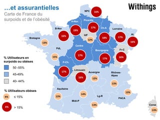 …et assurantielles

NPC

Carte de France du
surpoids et de l’obésité

Picardie

H-Nor.

17%

B-Nor

Ch-A

Lorraine

18%

19%

17%

Al.

IdF

16%

Bretagne

16%

12%

16%

13%
Centre
PdL

% Utilisateurs en
surpoids ou obèses

17%

15%
P-Ch.

17%

45-49%

Limousin

16%

Auvergne.

≤ 15%

RhônesAlpes.

12%

40- 44%

X%

16%

17%

50 -55%

% Utilisateurs obèses

Fr-C

Bourgogne

13%
Aquitaine

13%

14%

13%

Lg-R

PACA

Midi-P

X%

> 15%

13%

Corse

13%

 