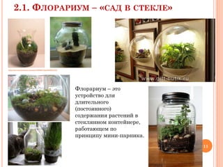 2.1. ФЛОРАРИУМ – «САД В СТЕКЛЕ»

http://www.liveinternet.ru/users/4026627/post228631945

Флорариум – это
устройство для
длительного
(постоянного)
содержания растений в
стеклянном контейнере,
работающем по
принципу мини-парника.
11

 