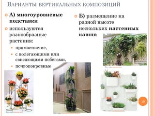 ВАРИАНТЫ ВЕРТИКАЛЬНЫХ КОМПОЗИЦИЙ
А) многоуровневые
подставки
 используются
разнообразные
растения:




Б) размещение на
разной высоте
нескольких настенных
кашпо

прямостоячие,
 с полегающими или
свисающими побегами,
 почвопокровные


Фото с сайта http://cah-ld.ru

19

Фото с сайта http://cah-ld.ru

Фото с сайта http://domcvetnik.com
Фото с сайта http://www.landscape-design.ru

 