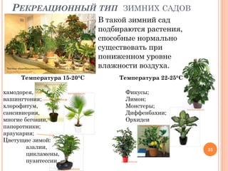 РЕКРЕАЦИОННЫЙ ТИП ЗИМНИХ САДОВ


Частная общеобразовательная школа «Ступени» (г.Москва)
http://nou-stupeni.ru/

Температура 15-20°С

В такой зимний сад
подбираются растения,
способные нормально
существовать при
пониженном уровне
влажности воздуха.
Температура 22-25°С

http://www.greencorner-al.ru/

хамодорея,
вашингтония;
хлорофитум,
сансивиерия,
многие бегонии,
папоротники;
араукария;
Цветущие зимой:
азалии,
цикламены,
пуантессии

http://greendom.net

Фикусы;
Лимон;
Монстеры;
Диффенбахии;
Орхидеи

http://greendom.net

http://projekty.zseis.zgora.pl

25
http://kvitnik.com

http://greendom.net

 