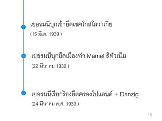 เยอรมนีบกเข้ ายึดเชคโกสโลวาเกีย
ุ
(15 มี.ค. 1939 )

เยอรมนีบกยึดเมืองท่า Mamel ลิทวเนีย
ุ
ั
(22 มีนาคม 1939 )

เยอรมนีเรี ยกร้ องยึดครองโปแลนด์ + Danzig
(24 มีนาคม ค.ศ. 1939 )
16

 