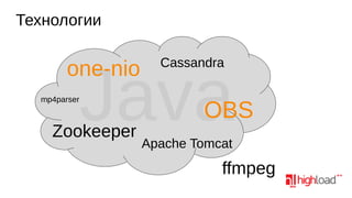 Технологии

Java

one-nio
mp4parser

Zookeeper

Cassandra

OBS

Apache Tomcat

ffmpeg

 