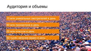 Аудитория и объемы
10 млн уникальных смотрителей в день
60 млн просмотров в день
20 млн классов в день
50 тысяч загрузок видео в день

28.10.13

6

 