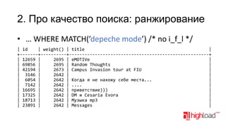 2. Про качество поиска: ранжирование
• … WHERE MATCH(’depeche mode’) /* no i_f_l */
| id
| weight() | title
|
+-------+----------+------------------------------------------------------+
| 12659 |
2695 | eMOTIVe
|
| 69856 |
2695 | Random Thoughts
|
| 42194 |
2673 | Campus Invasion tour at FIU
|
| 3146 |
2642 |
|
| 6054 |
2642 | Когда я не нахожу себе места...
|
| 7142 |
2642 | ....
|
| 16695 |
2642 | приветствие)))
|
| 17325 |
2642 | DM и Cesaria Evora
|
| 18713 |
2642 | Музыка mp3
|
| 23891 |
2642 | Messages
|

 