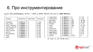 6. Про инструментирование
mysql> SET profiling=1; SELECT * FROM lj WHERE MATCH(’the who’); SHOW PROFILE;
...
+--------------+----------+----------+---------+
| read_docs
| 0.000197 | 2
| 1.23
|
| Status
| Duration | Switches | Percent |
| read_hits
| 0.000347 | 22
| 2.16
|
+--------------+----------+----------+---------+
| get_docs
| 0.002969 | 151
| 18.48
|
| unknown
| 0.001153 | 6
| 7.18
|
| get_hits
| 0.003537 | 609
| 22.02
|
| net_read
| 0.000007 | 1
| 0.04
|
| filter
| 0.000276 | 147
| 1.72
|
| dist_connect | 0.000001 | 1
| 0.01
|
| rank
| 0.004032 | 748
| 25.10
|
| local_search | 0.000075 | 1
| 0.47
|
| sort
| 0.001183 | 33
| 7.36
|
| sql_parse
| 0.000275 | 1
| 1.71
|
| finalize
| 0.000694 | 1
| 4.32
|
| dict_setup
| 0.000002 | 1
| 0.01
|
| dist_wait
| 0.000002 | 1
| 0.01
|
| parse
| 0.000083 | 1
| 0.52
|
| aggregate
| 0.000069 | 1
| 0.43
|
| transforms
| 0.000003 | 1
| 0.02
|
| net_write
| 0.000034 | 1
| 0.21
|
| init
| 0.001014 | 3
| 6.31
|
| total
| 0.016065 | 1733
| 0
|
| open
| 0.000112 | 1
| 0.70
|
+--------------+----------+----------+---------+
...
22 rows in set (0.00 sec)

 