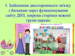 І. Здійснення двостороннього зв'язку
з батьками через функціонування
сайту ДНЗ, зокрема сторінки кожної
групи окремо

 