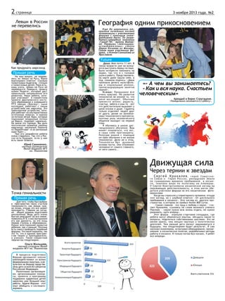 2 страница
Левши в России
не перевелись

3 ноября 2013 года. №2

География одним прикосновением
Еще до церемонии открытия почетных гостей
познакомили с участниками
форума с помощью интерактивной доски. Ее разработал сотрудник компании
«Гранд-ТВ» Артем Матвеев. Первыми «летчицамииспытателями» стали
Дарья Кочнева из Москвы,
самая юная участница форума, и Ксения Санникова из
Ярославля.

Future
Как придумать марсоход

Прямая речь
На наш вопрос, не перевелись ли левши на Руси, Юрий
Анатольевич ответил: «Сколько
талантливых педагогов – столько
и талантливых детей. Пока есть,
кому учить, левши на Руси не
переведутся. Поверьте, таланту
нужен педагог, который даст
правильное направление его
развитию. Наши ребята, которые участвуют в совместном
проекте Дмитровского института образования и вчерашнего
ПТУ завода «Фрезер», ныне
колледжа, работают с таким
устройством как марсоход. Это
транспортное устройство, которое работает на альтернативных
источниках энергии. А именно
на потоках ветра. Бури, которые
поднимают воздушные потоки
на Марсе, подходят идеально.
На земле это торнадо. Мы дали
поэтическое название нашему
марсоходу – мятежный. Помните
из Лермонтова? «А он мятежный
ищет бури»…
При его разработке ребята
очень старались. Так что у России есть будущее, если у нее
есть такие таланты.

Юрий Самоненко,

научный руководитель
Малой академии МГУ
им. Ломоносова

Даша: Мне почти 11 лет. В
таком возрасте уже не волнуются выступать перед гостями.
Было интересно нажимать на
экран, так что я с головой
ушла в работу. Представляете,
на карте даже нашла себя, а
под снимком подпись: «Даша
приехала делать мультфильмы и социальные ролики,
пропагандирующие занятия
наукой».
Ксюша: Придумано все
очень красиво. Но развитие
технологий не вполне то, что
меня восхищает. Обычные
прелести жизни: радость,
счастье, забота о ком-то – вот
что действительно вызывает у
меня отклик в душе. Гаджеты
только отделяют людей друг
от друга, делая их заложниками технического прогресса,
поэтому роль человеческого
общения выходит на первый
план.
Я обучаюсь в школе дистанционного обучения. Вам
может показаться, что вот,
я сама себе противоречу.
Получаю знания с помощью
он-лайн обучения и не жалую
технологии. Дело не в этом.
Технологии без духовной
основы пусты. Они отвлекают
человека от самого главного,
от него самого...

«- А чем вы занимаетесь?
- Как и вся наука. Счастьем
человеческим»
Аркадий и Борис Стругацкие.

«Понедельник начинается в субботу».

Движущая сила
Через тернии к звездам

Точка гениальности
Прямая речь
- Для того, чтобы был выброс
в пространство таких сгустков
гениальности, как левша, нужна почва, откуда это все может
произрасти. Главное на сегодня – общий уровень подготовки
школьников. Ведь дети очень
быстро реагируют на все новое,
появилось ЕГЭ, и они восприняли
его как данность, но это лишь
первая ступень в образовании.
Нужно всестороннее развитие
ребенка, как и раньше. Поэтому
есть смысл проводить подобные
форумы. Что меня поразило, так
это то, что в едином пространстве творят и преподаватели,
и ученики. Такое совместное
творчество плодотворно.

Ольга Жильцова,

научный сотрудник Малой
академии МГУ им. Ломоносова
В процессе подготовки
Форума оргкомитет плотно
взаимодействовал со всеми
федеральными округами, в результате на Форуме представлены дети из всех 83 субъектов
Российской Федерации.
Различными организациями, организующими конкурсы, проекты и программы
поддержки одаренных детей
накоплен уже большой опыт
работы. Задача Форума - этот
опыт обобщить и систематизировать.

С е р г е й К р и к а л е в , герой Советского Союза и Герой России, рекордсмен Земли
по суммарному времени пребывания   в космосе, чемпион мира по пилотажу на планерах.
У Сергея Константиновича космический взгляд на
окружающую действительность, в этом могли убедиться участники форума на его космическом   фотовернисаже
Когда мы спросили у планетарного человека, откуда
этот взгляд, он с улыбкой ответил: «От длительного
пребывания в космосе». Этот взгляд из  другого пространства, в котором он пробыл более 800 суток.
- Самое главное – это труд и любовь к науке, - считает Крикалев, ссылаясь на слова великого ученого
Павлова – «науке нужно всю жизнь отдать, ее нужно
развивать, идти вперед».
Этот форум – хорошая стартовая площадка, где
ребята могут обменяться опытом, обсудить какие-то
вопросы, поделиться собственными мыслями. Это не
менее важно, чем лекции научных и политических
деятелей. Чем раньше дети начнут задумываться о
будущем, тем плодотворнее будет результат. Я сам
начинал инженером, испытывал оборудование, применяемое  в космических полетах, разрабатывал методы
работы в космосе. И только потом был космос. У ребят
все впереди.

 